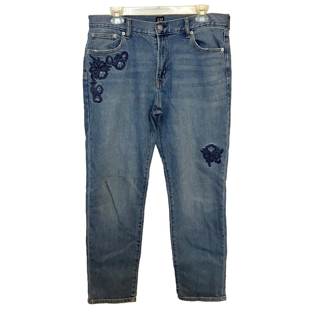 GAP Women's Jeans Girlfriend Floral Embroidered Size 30 Straight Leg Medium Wash
